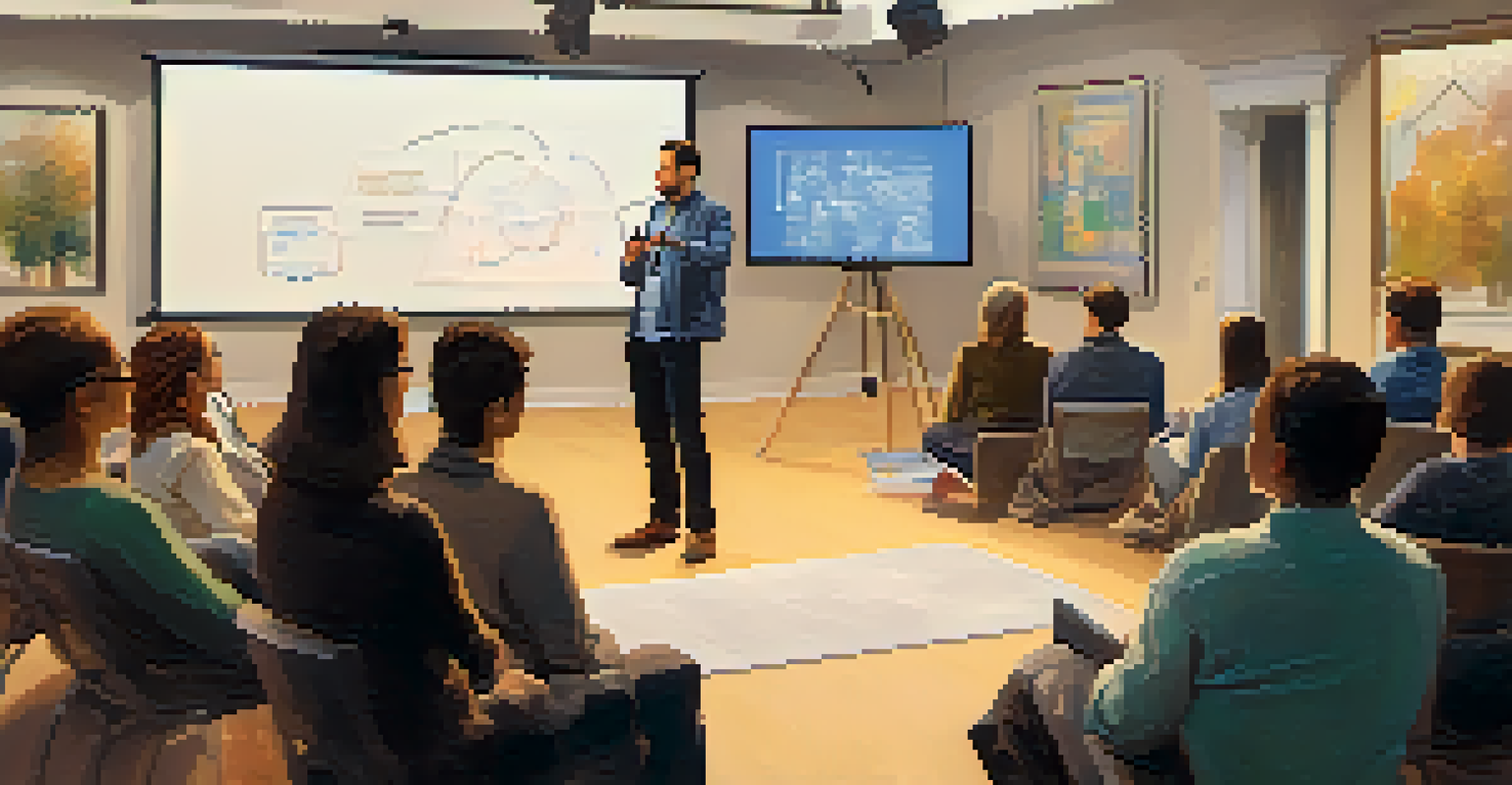 A guest speaker presenting an AI workshop to a small group, with attendees seated in a semi-circle and a projector in the background.