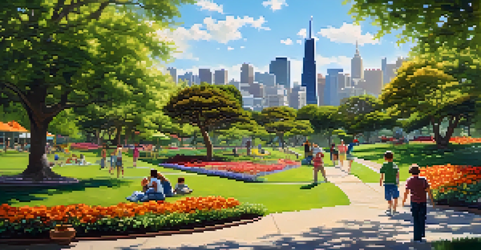 A lively park in San Francisco with green trees and colorful flowers, families enjoying the outdoors, and the city skyline in the background under a clear blue sky.