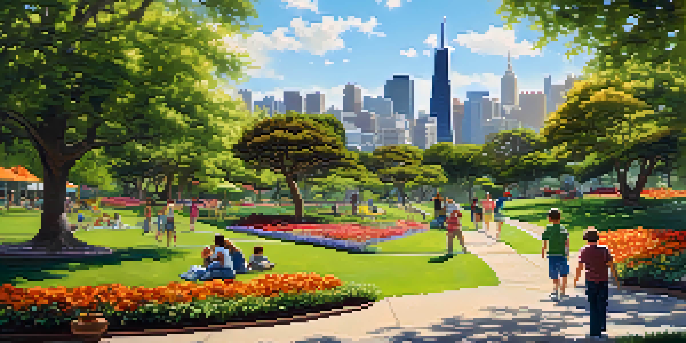 A lively park in San Francisco with green trees and colorful flowers, families enjoying the outdoors, and the city skyline in the background under a clear blue sky.