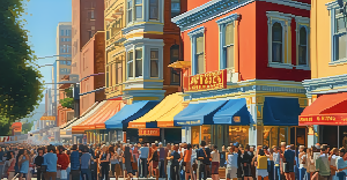 A lively San Francisco street scene during a film festival, featuring colorful banners, a diverse crowd, and outdoor film screenings.