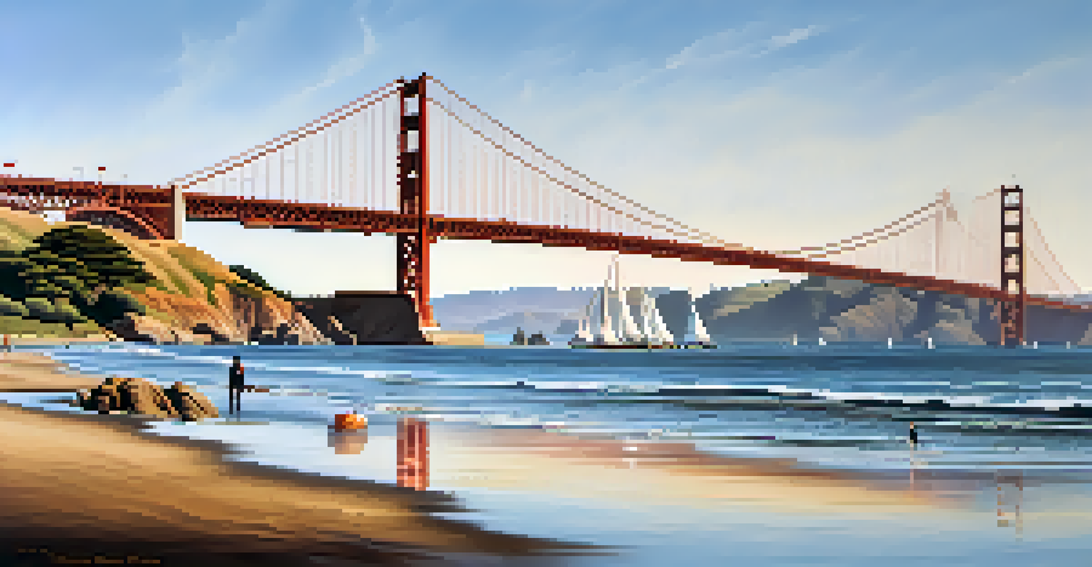 A scenic view of the Golden Gate Bridge from Crissy Field, with sandy shores and sailboats in the bay.