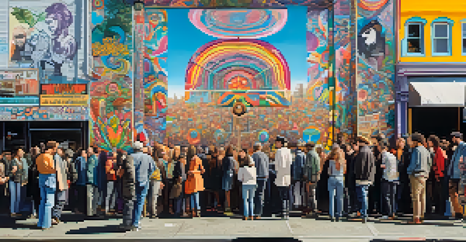 A collaborative street art project in Haight-Ashbury, featuring a psychedelic mural and community members participating in the creation.