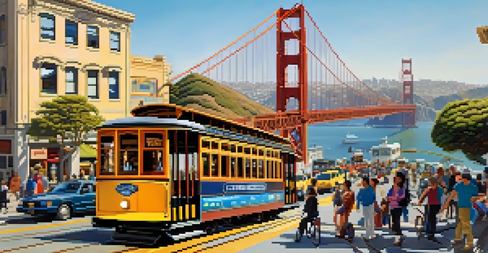 A lively street scene in San Francisco with cable cars, buses, cyclists, and the Golden Gate Bridge in the background.