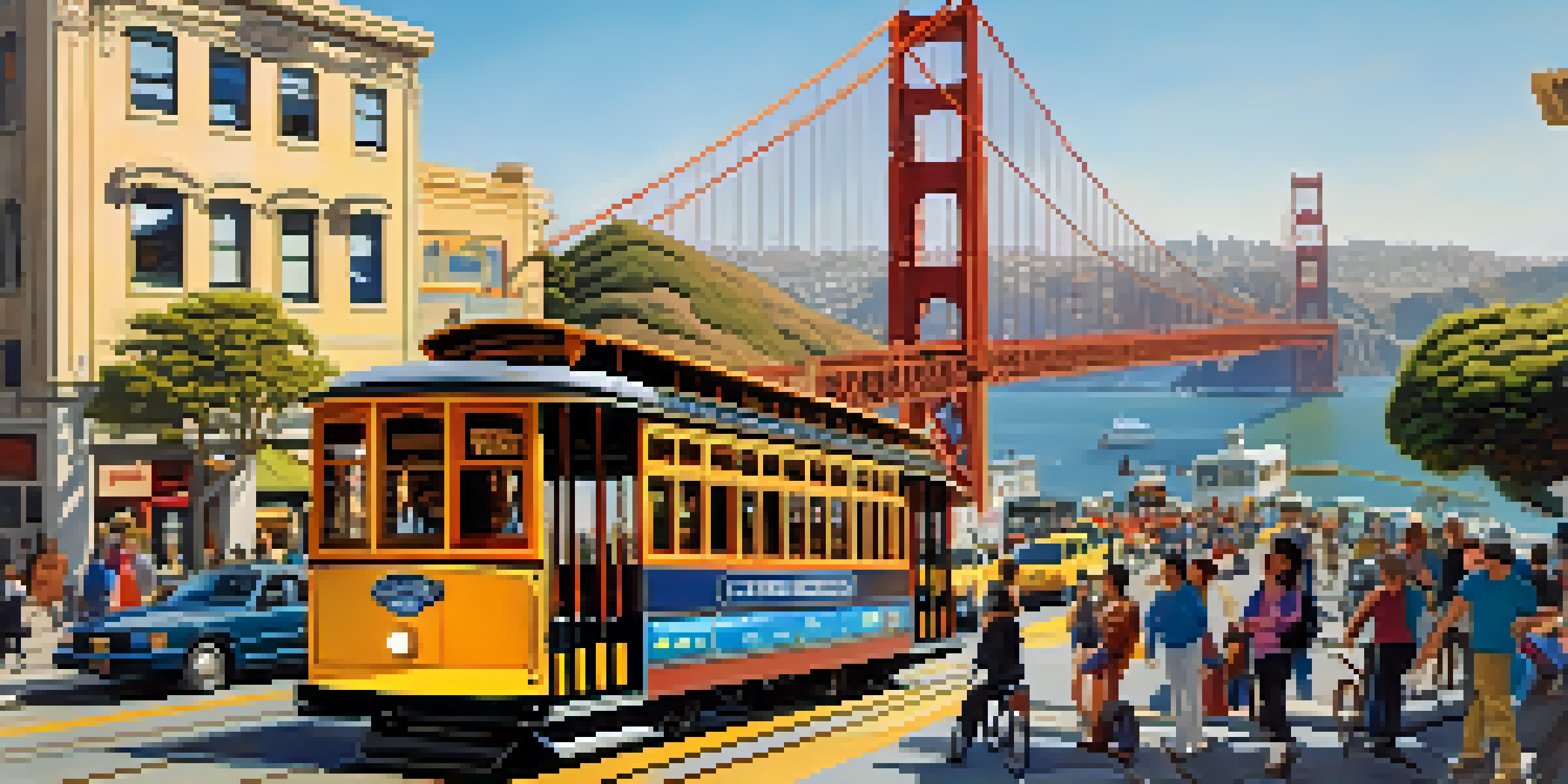 A lively street scene in San Francisco with cable cars, buses, cyclists, and the Golden Gate Bridge in the background.