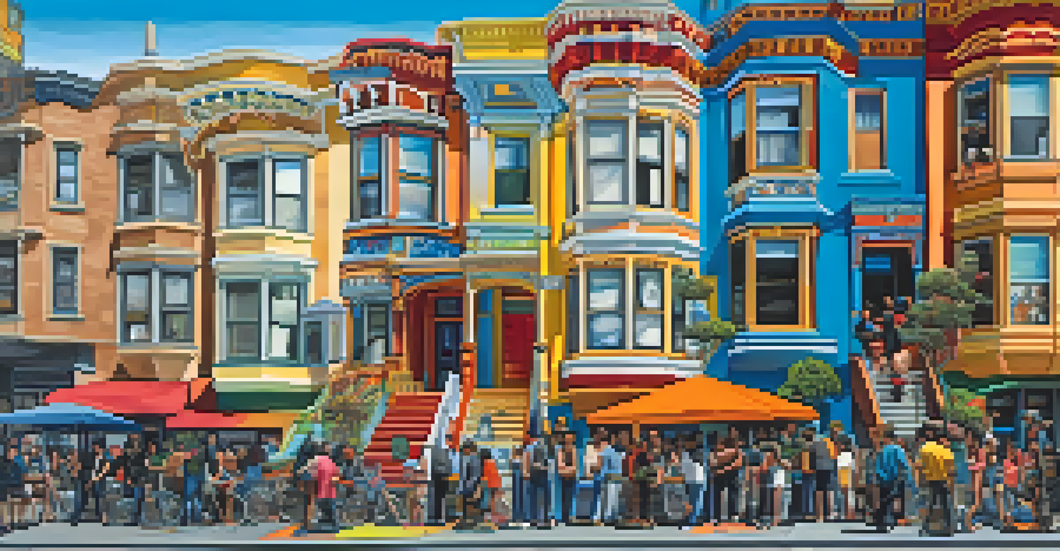 A bright and detailed street mural in the Mission District of San Francisco, showcasing vibrant community life and culture.