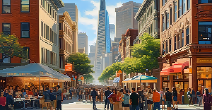 A vibrant San Francisco street scene with entrepreneurs and tech enthusiasts in co-working spaces, under warm sunlight.