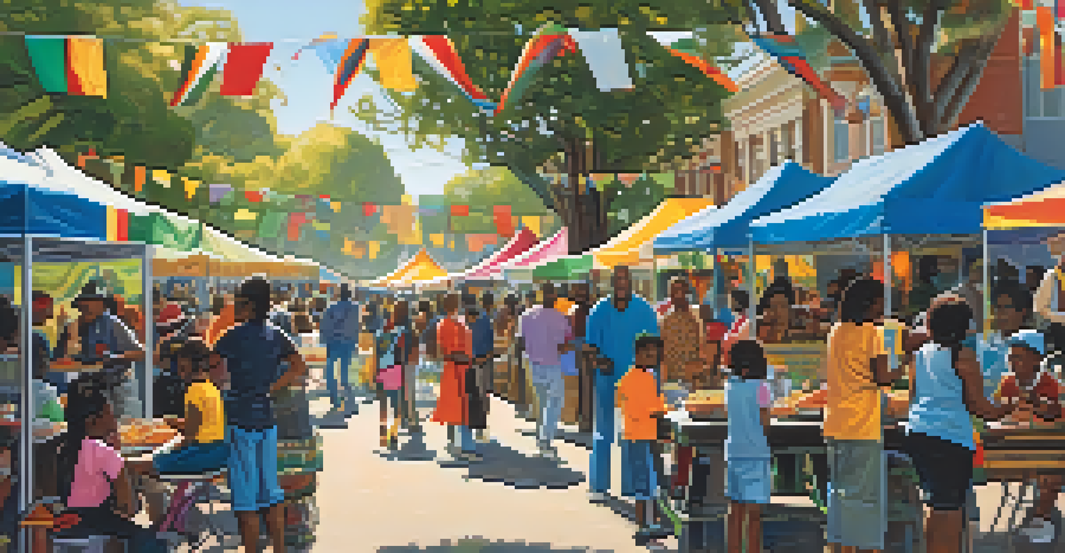 A vibrant community event in a park celebrating African American culture, featuring families, food stalls, and live music in a sunny outdoor setting.