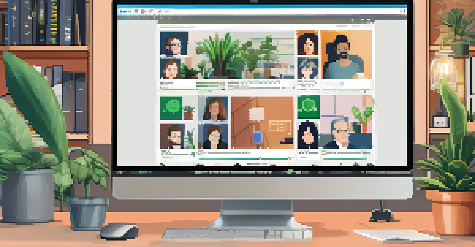 A computer screen showing an online tech meetup with a panel of speakers discussing data science, set in a cozy home office.