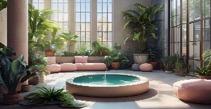 A peaceful indoor meditation area with cushions, plants, and natural light, designed for relaxation.