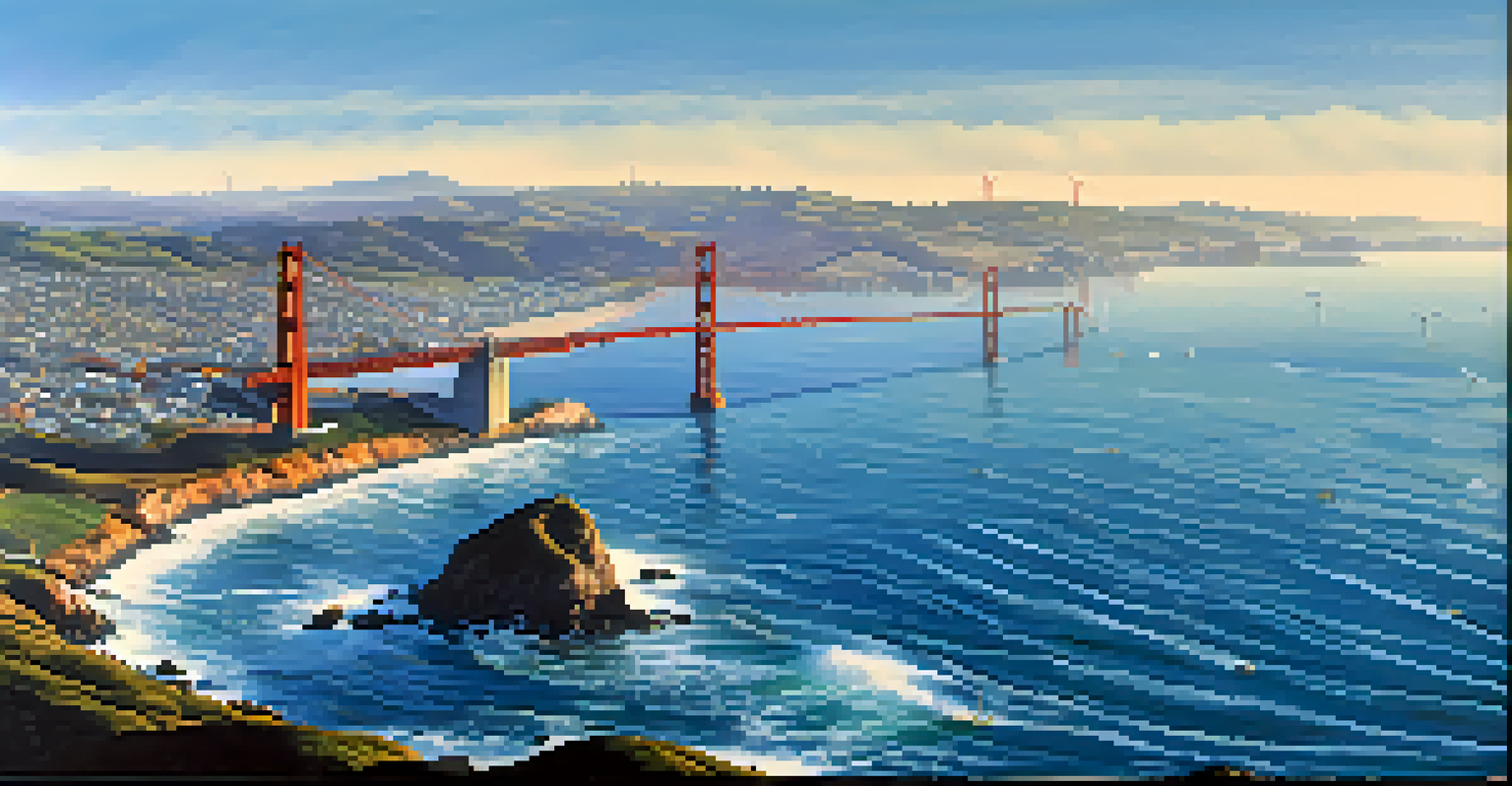 An aerial view of offshore wind farms along the San Francisco coastline with turbines and the Golden Gate Bridge in the background.