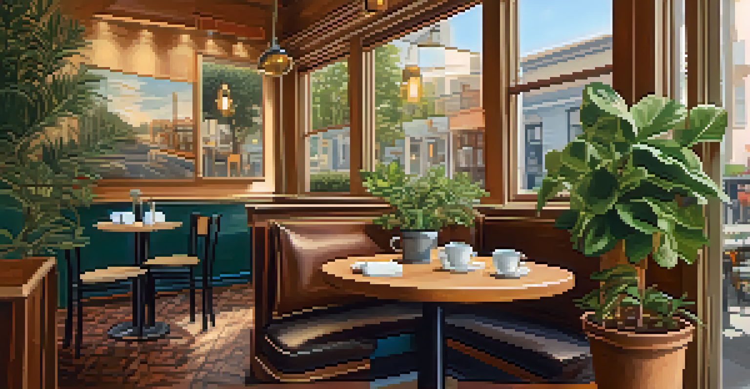 A cozy café interior with croissants and coffee on a small table, surrounded by charming decorations.