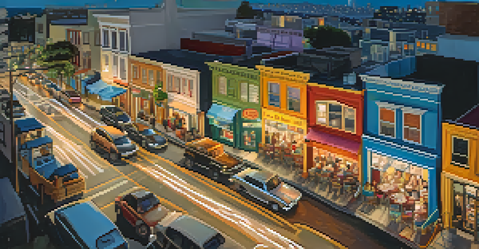 A lively street in the Mission District at night with colorful murals and outdoor dining.