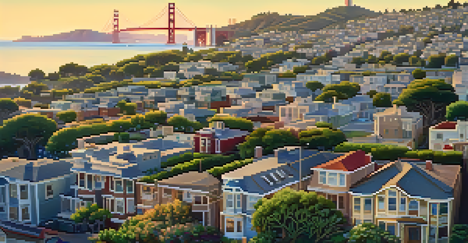 An aerial view of a San Francisco neighborhood with buildings featuring vertical gardens and rooftop parks during sunset.