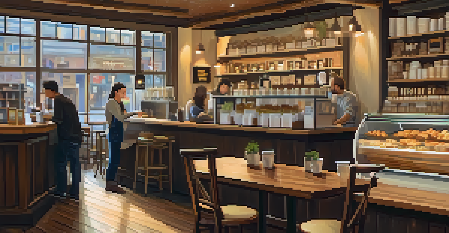 Inside a cozy San Francisco coffee shop with a barista preparing coffee and customers enjoying their drinks in a warm atmosphere.