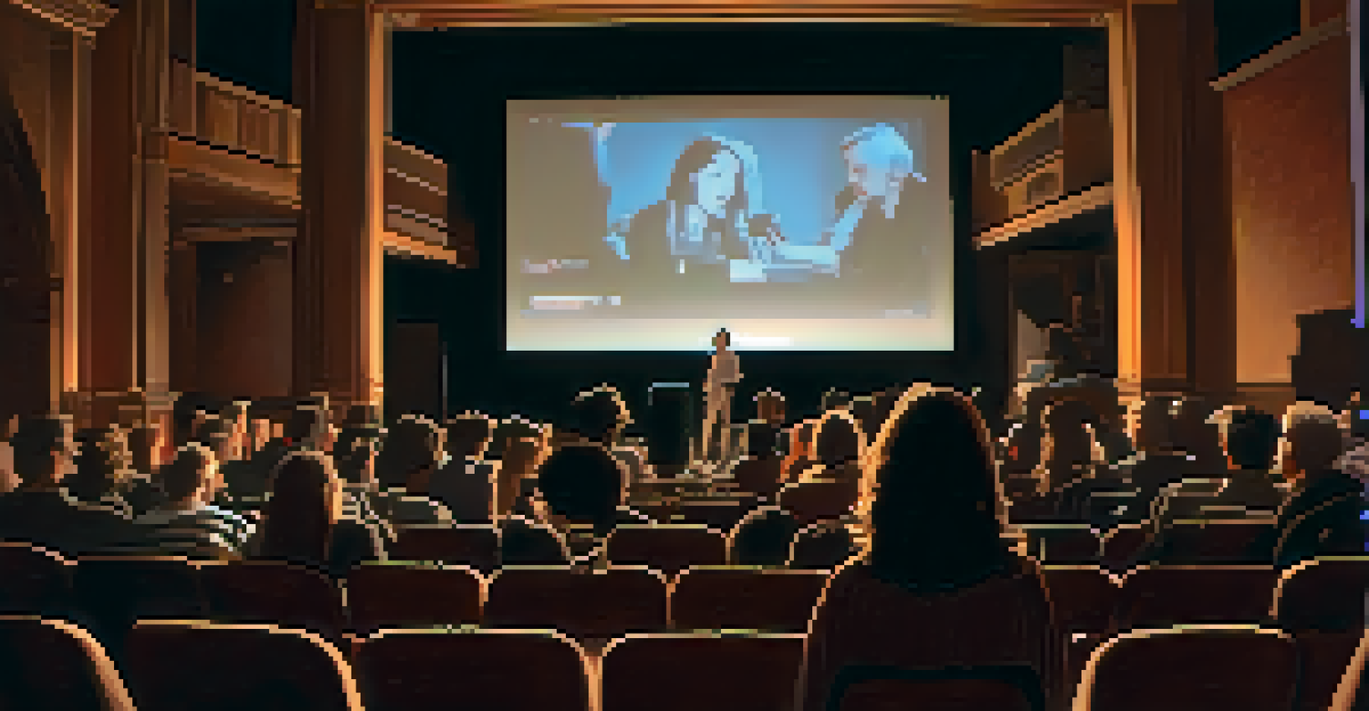 An audience watching a documentary in a cozy theater during the San Francisco Documentary Film Festival, with soft lighting and a projector screen.