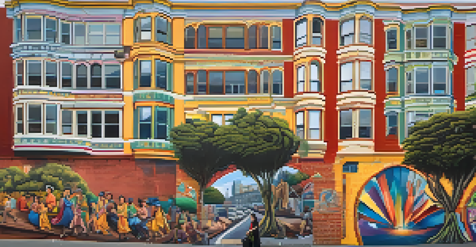 A colorful mural on a brick wall in the Mission District, showcasing stories of immigrant communities in San Francisco.