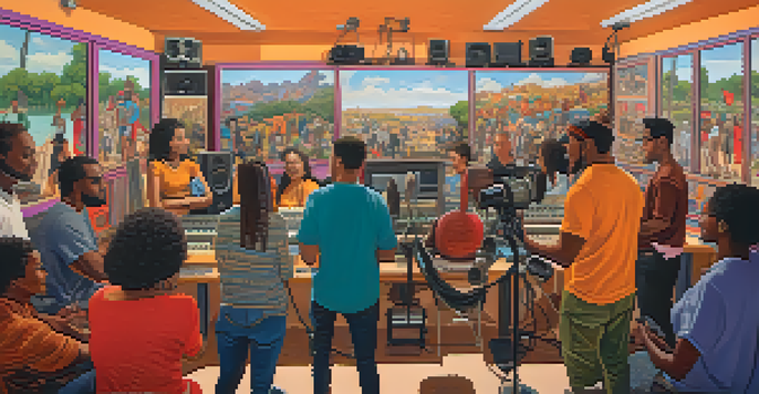 A diverse group of people in a podcast studio, with microphones and colorful murals in the background, illuminated by natural light.