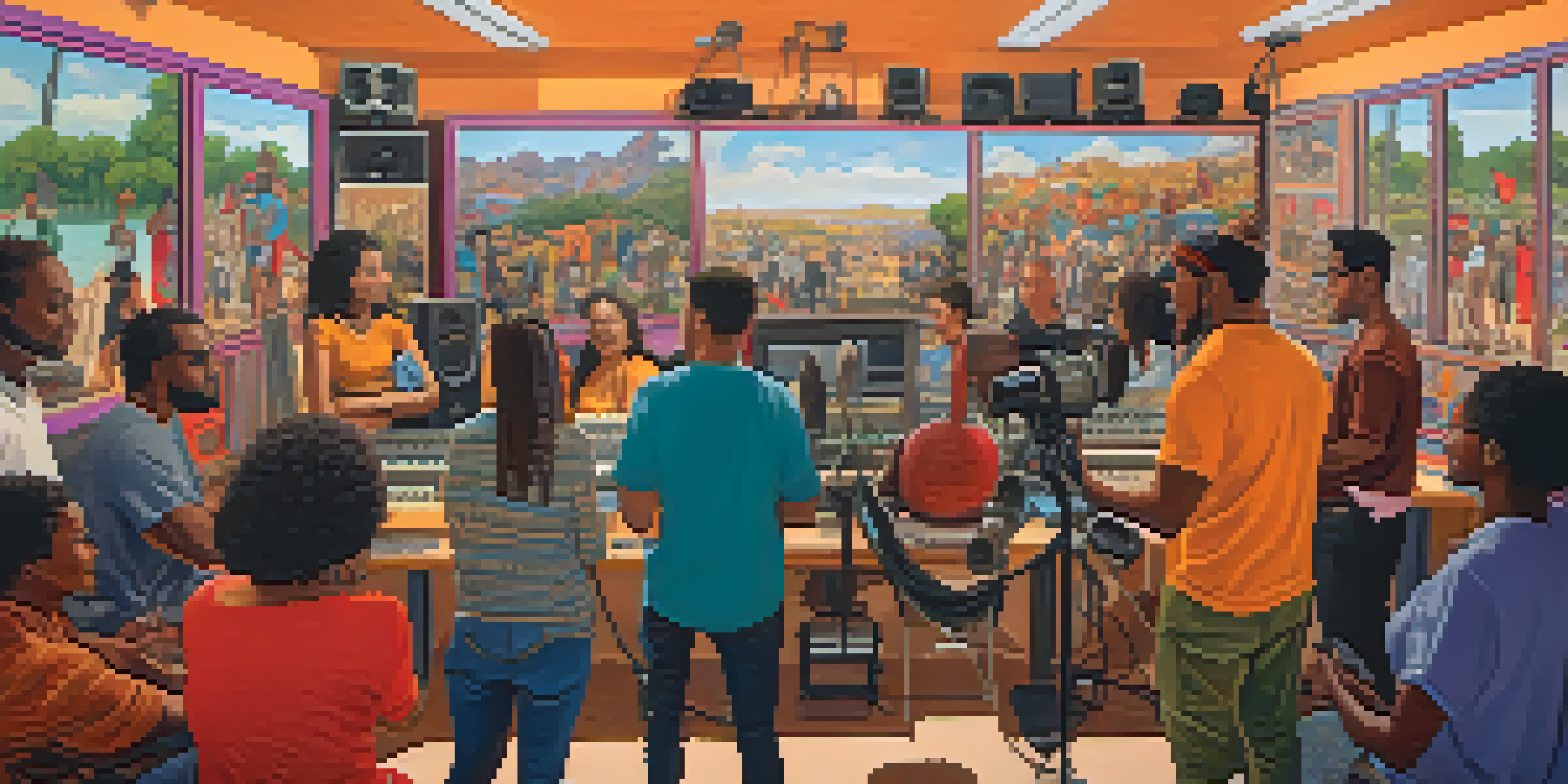 A diverse group of people in a podcast studio, with microphones and colorful murals in the background, illuminated by natural light.