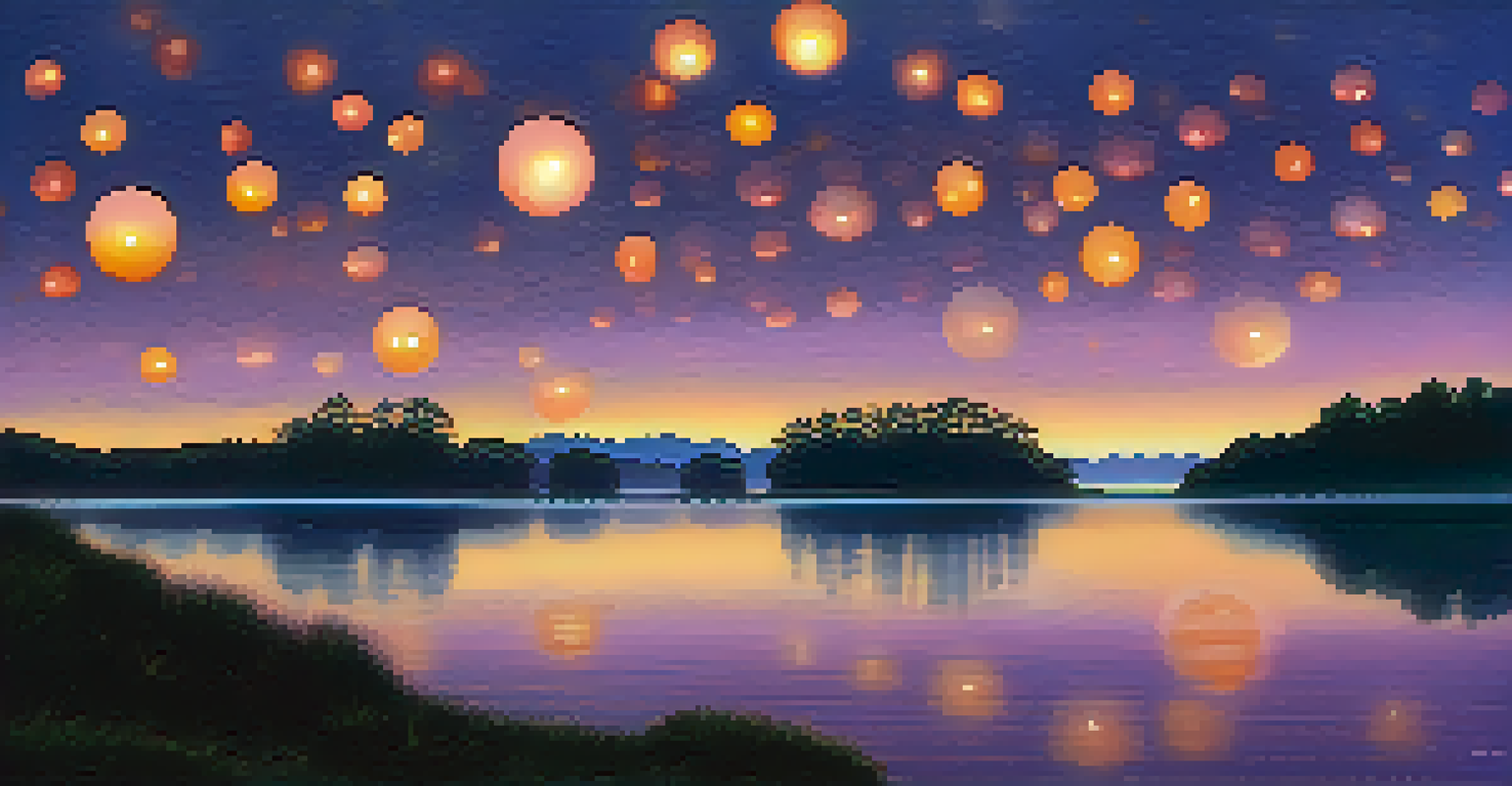 A close-up of glowing orbs above the water at dusk, with reflections and silhouettes of trees in the background.