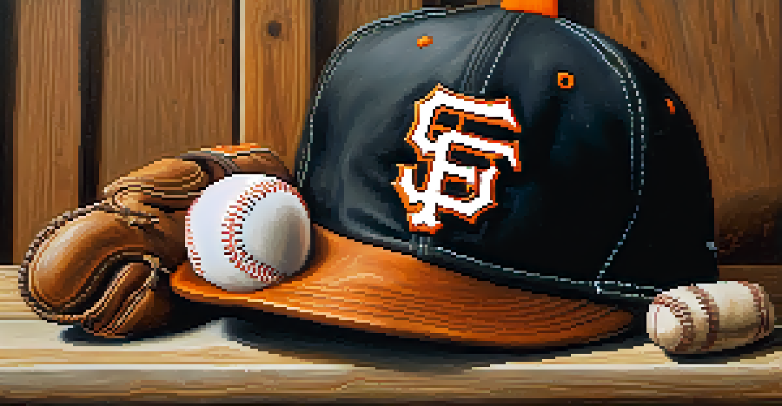 A close-up of a vintage San Francisco Giants baseball cap on a bench, accompanied by a baseball glove and a baseball.