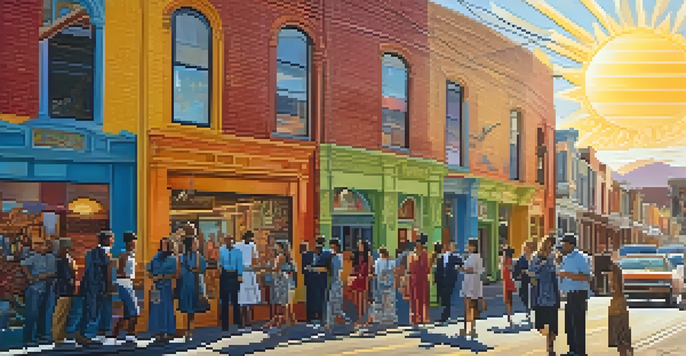 A lively street scene in San Francisco's Mission District with colorful murals and stylish people conversing.