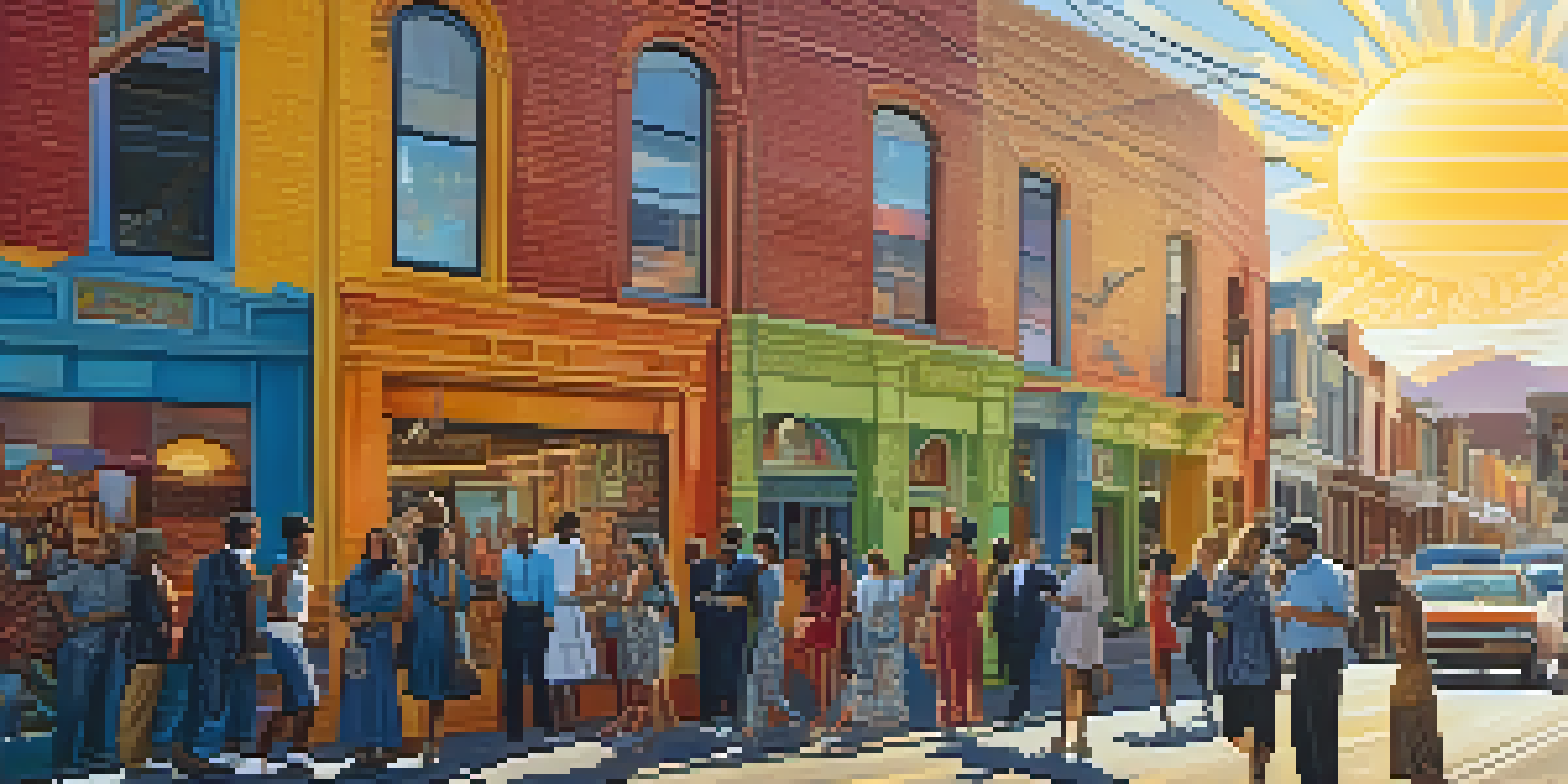A lively street scene in San Francisco's Mission District with colorful murals and stylish people conversing.