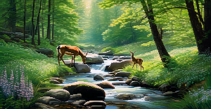 A tranquil forest scene with a stream and deer, surrounded by vibrant wildflowers.