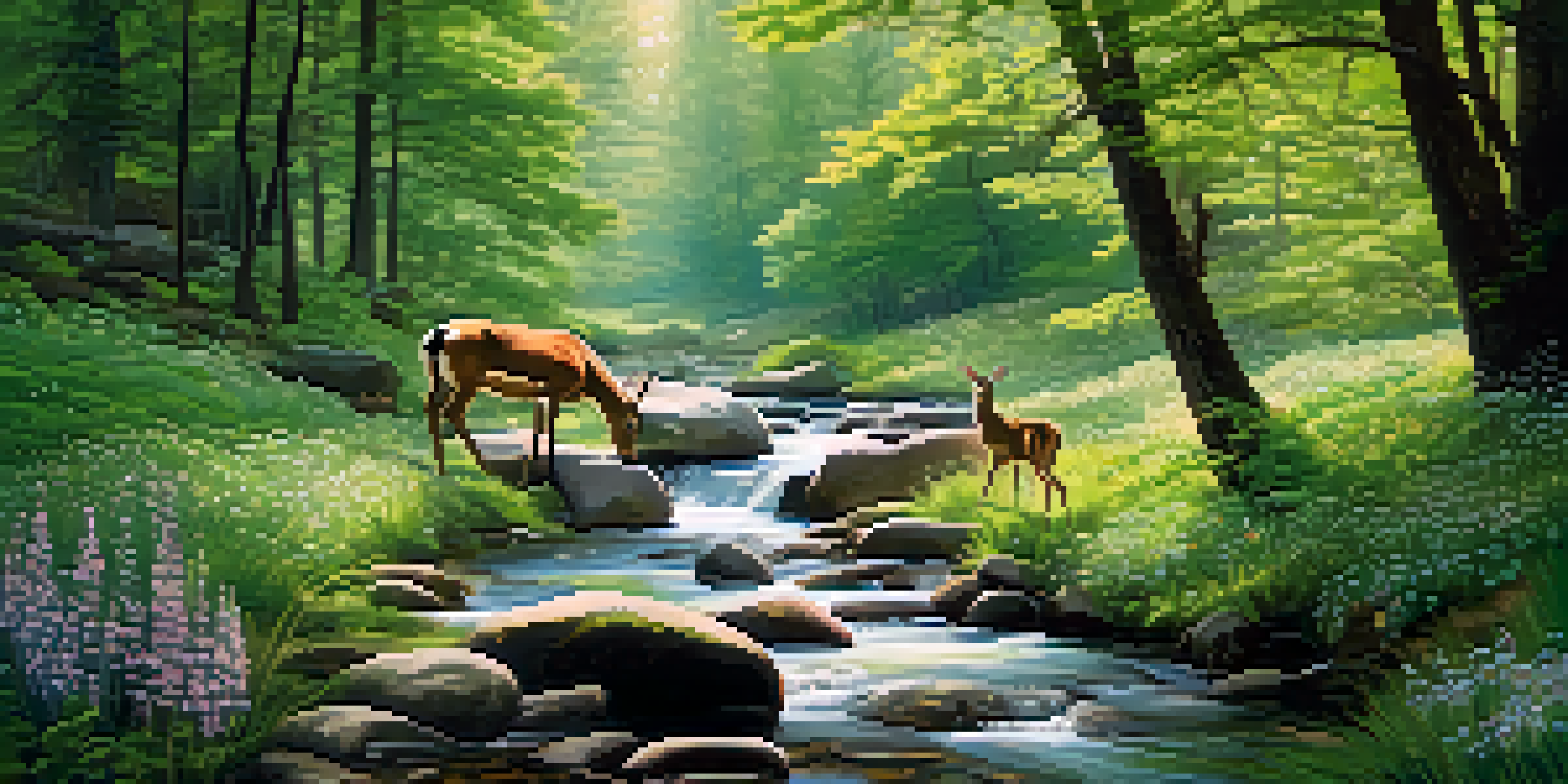 A tranquil forest scene with a stream and deer, surrounded by vibrant wildflowers.