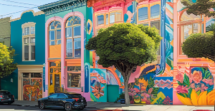 A colorful mural created by Lady Pink, showcasing themes of femininity and empowerment, illuminated by warm sunlight in a San Francisco setting.