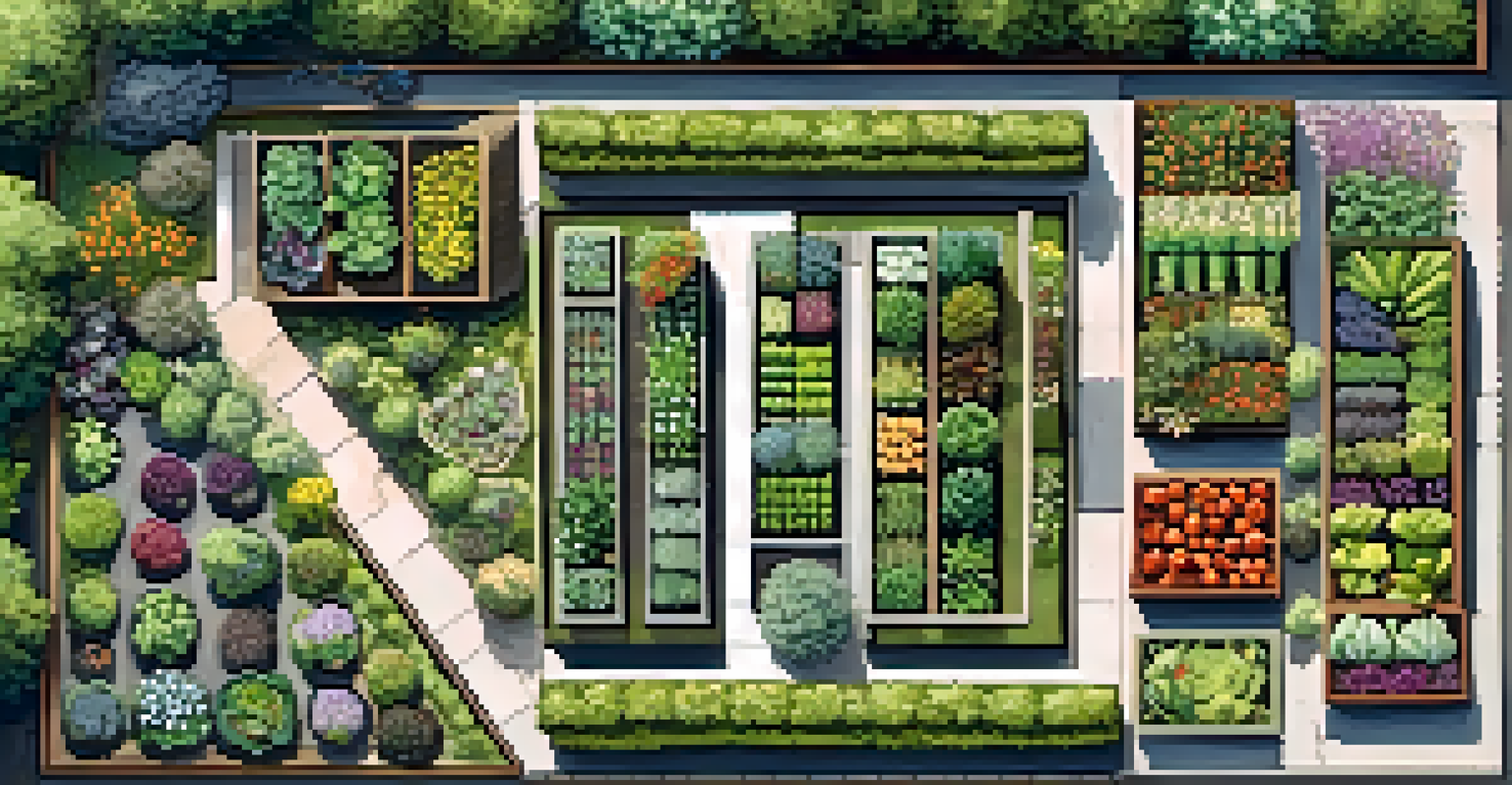 An aerial view of a well-organized community garden featuring a variety of plants and pathways, bustling with butterflies and bees.