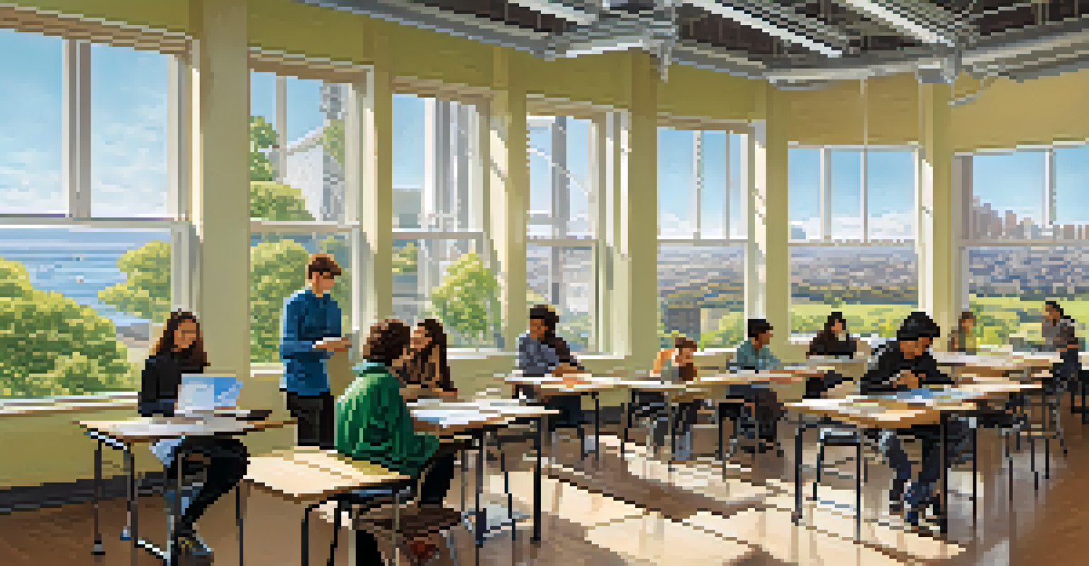 A university classroom in San Francisco with students participating in a sustainability workshop, featuring green energy models and posters.
