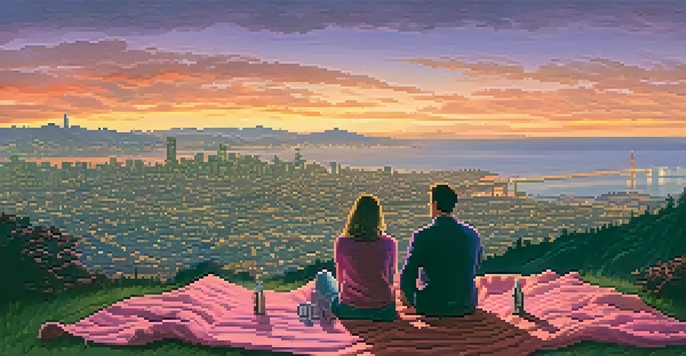 A couple enjoying a sunset view from Twin Peaks with the San Francisco skyline in the background.