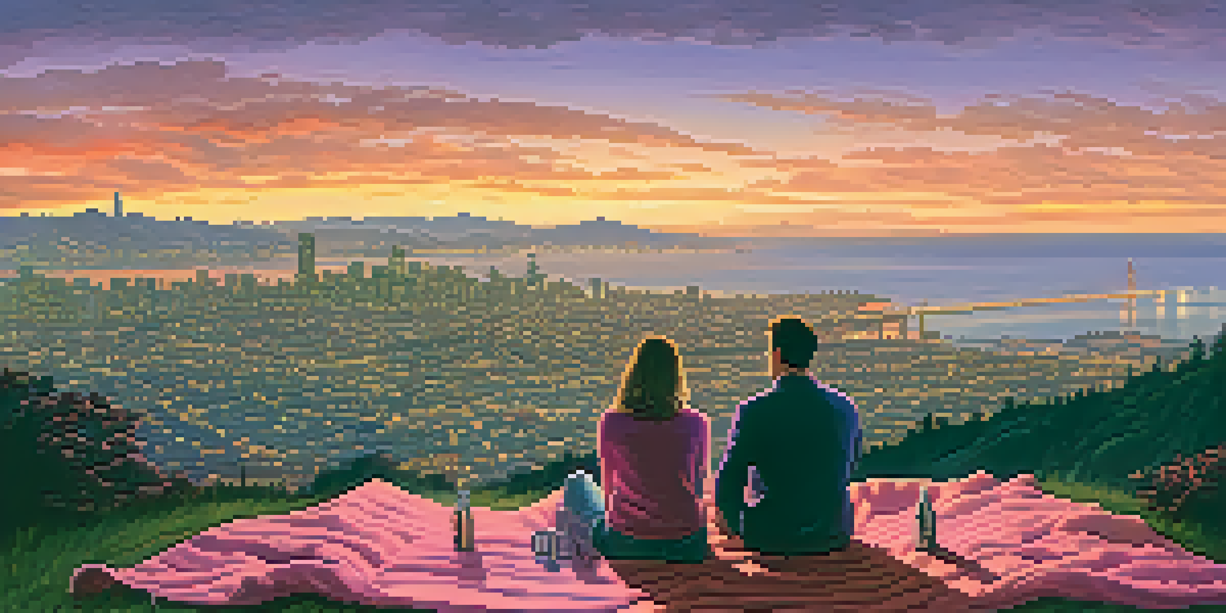 A couple enjoying a sunset view from Twin Peaks with the San Francisco skyline in the background.