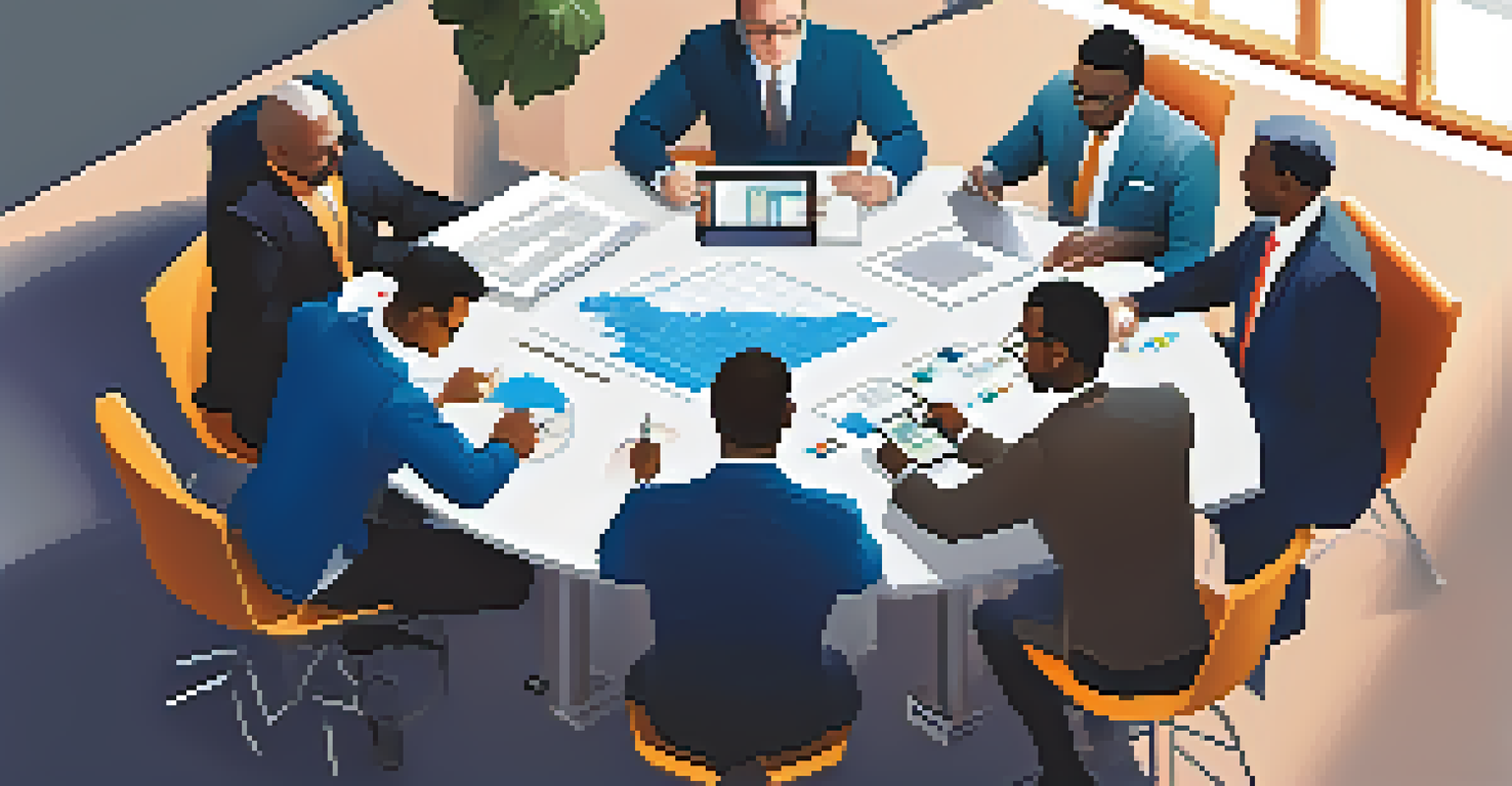 A close-up of investors and fintech entrepreneurs brainstorming around a modern table with charts and digital devices, showcasing collaboration.