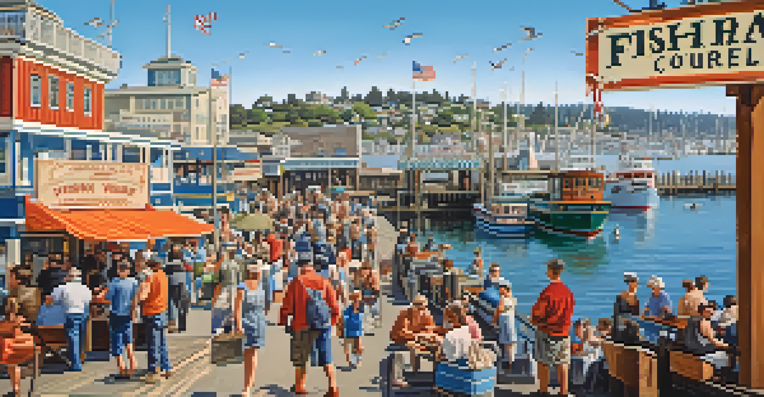 A lively scene at Fisherman's Wharf with fishing boats, tourists, and sea lions, showcasing San Francisco's vibrant atmosphere.