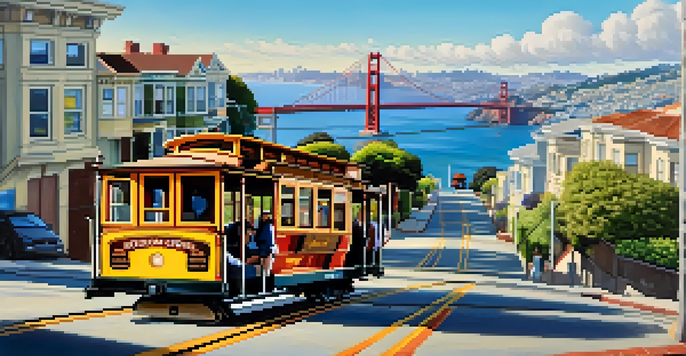A San Francisco cable car climbs a steep hill with the Golden Gate Bridge in the background, surrounded by colorful Victorian houses under a blue sky.