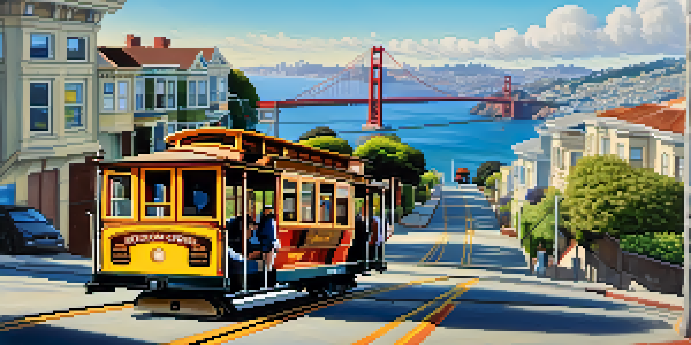 A San Francisco cable car climbs a steep hill with the Golden Gate Bridge in the background, surrounded by colorful Victorian houses under a blue sky.