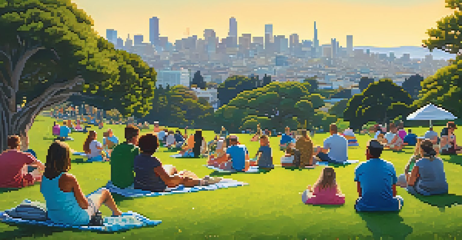 A lively community gathering in Dolores Park with people relaxing on the grass and the San Francisco skyline in the background during sunset.