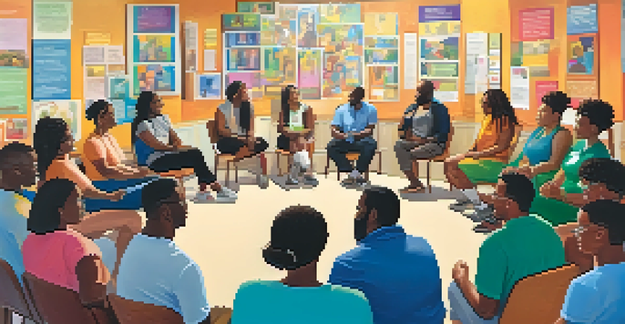 A diverse group of people sitting in a circle during a community health workshop, surrounded by colorful posters about social justice and health equity.