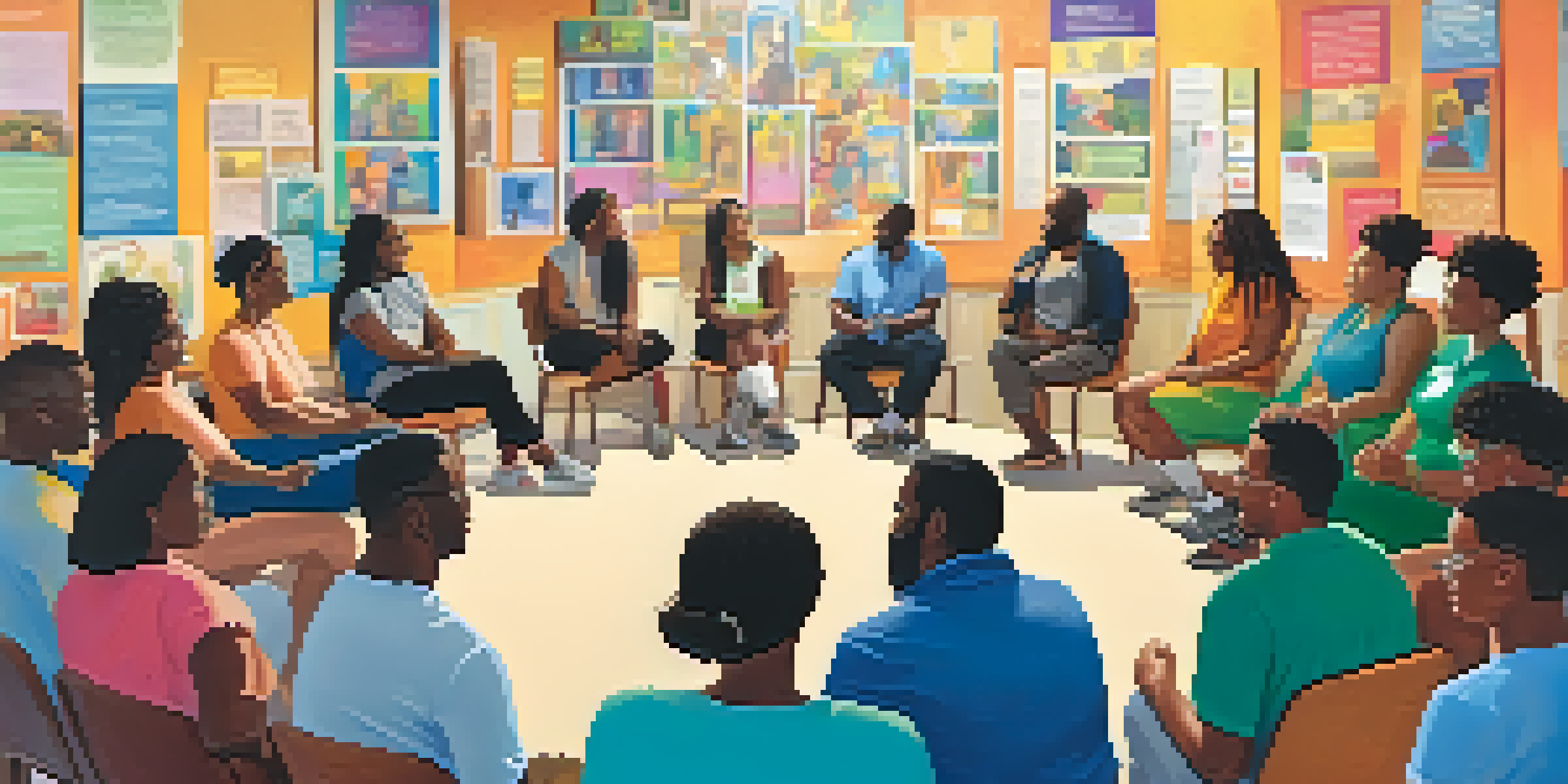 A diverse group of people sitting in a circle during a community health workshop, surrounded by colorful posters about social justice and health equity.