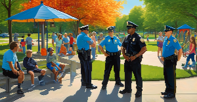 A group of police officers interacting with diverse community members in a sunny park setting.