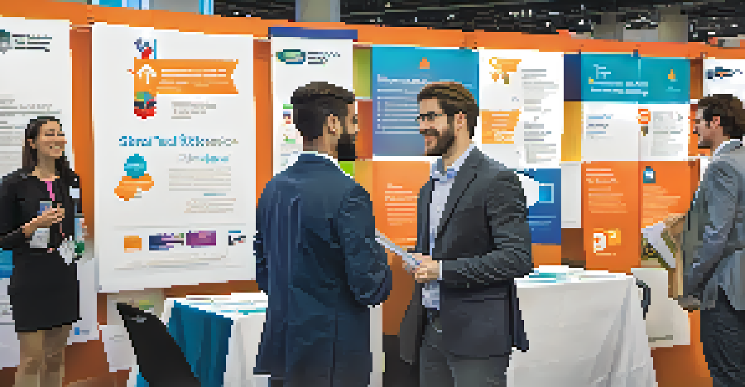 An intern networking at a tech conference, talking to a professional near a booth with promotional materials.