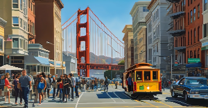 A lively street in San Francisco with people using technology, modern buildings, and the Golden Gate Bridge in the background.