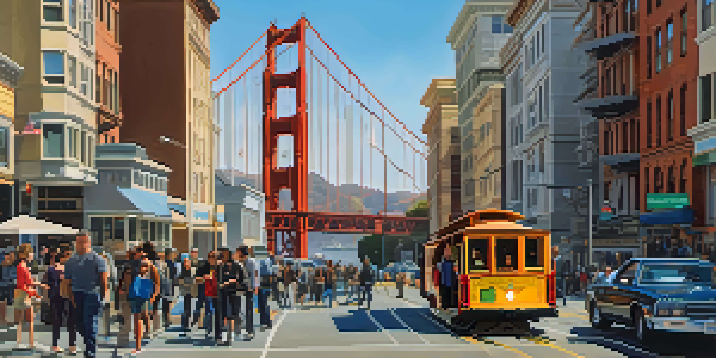 A lively street in San Francisco with people using technology, modern buildings, and the Golden Gate Bridge in the background.
