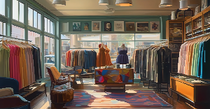 A vintage clothing store in San Francisco with colorful dresses and accessories, illuminated by natural light.