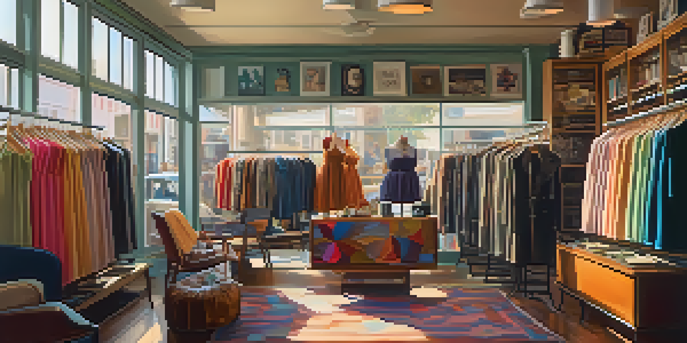 A vintage clothing store in San Francisco with colorful dresses and accessories, illuminated by natural light.