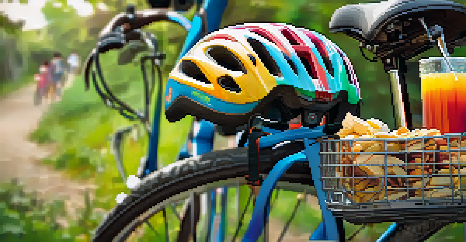 A child's bike seat with a helmet and backpack, showing a family biking in the background.