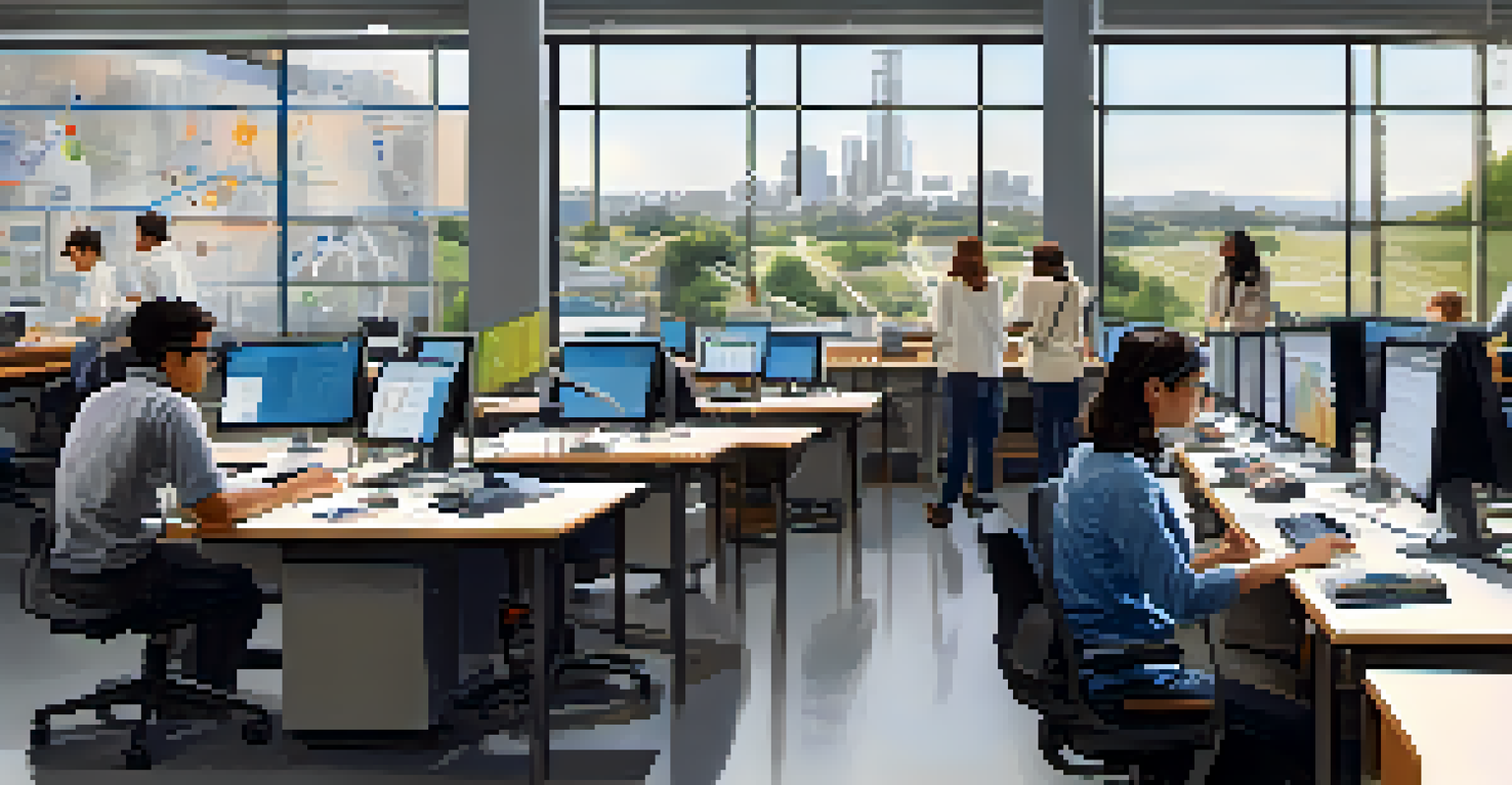 Students in a high-tech lab at Stanford University collaborating on a tech project, surrounded by advanced equipment and designs.