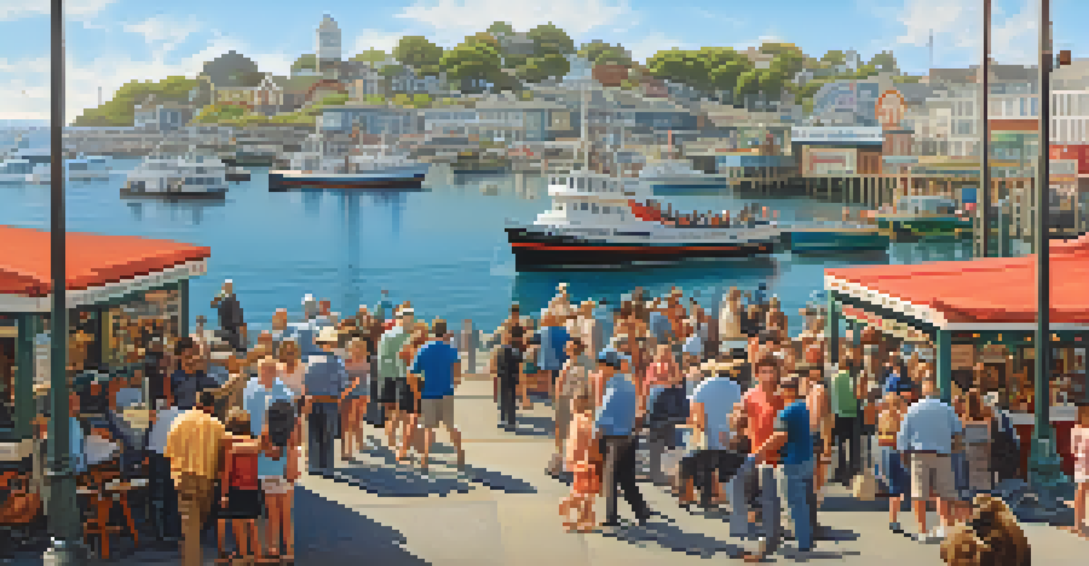 Crowds at Fisherman’s Wharf with fishing boats, shops, street performers, and sea lions basking in the sun.