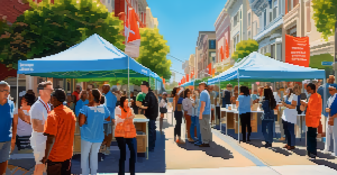 A bustling San Francisco street with a community vaccination event, featuring diverse individuals engaging with healthcare professionals, colorful banners, and a sunny atmosphere.